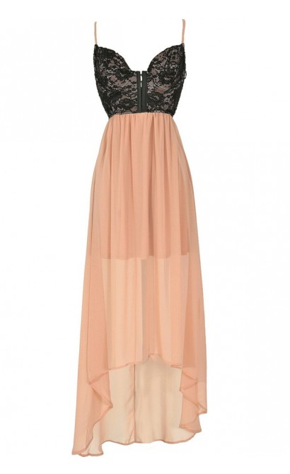Black and Nude Embellished Lingerie-Inspired High Low Dress